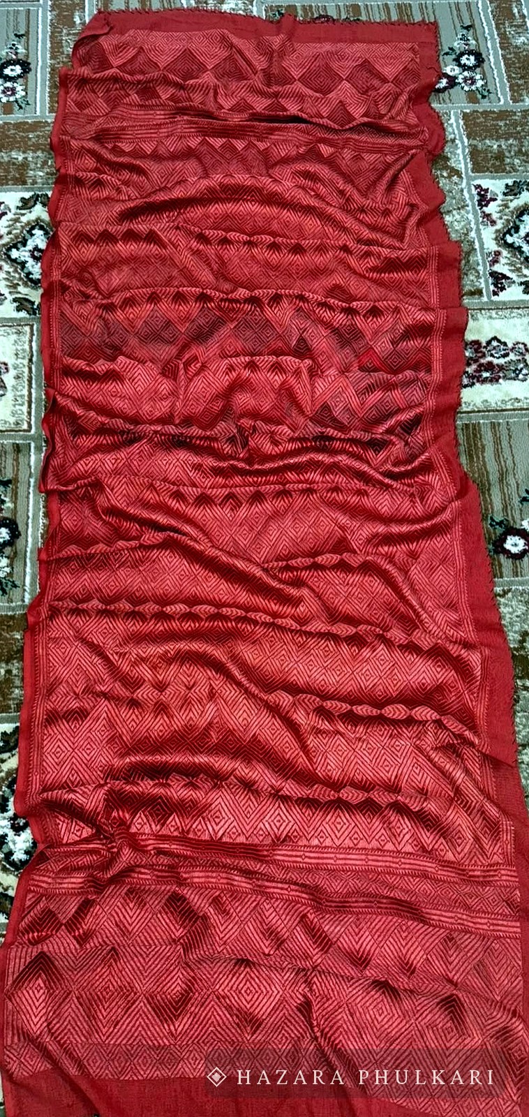 Tonal red Phulkari shawl embroidered thread on thread with repeating diamond motifs