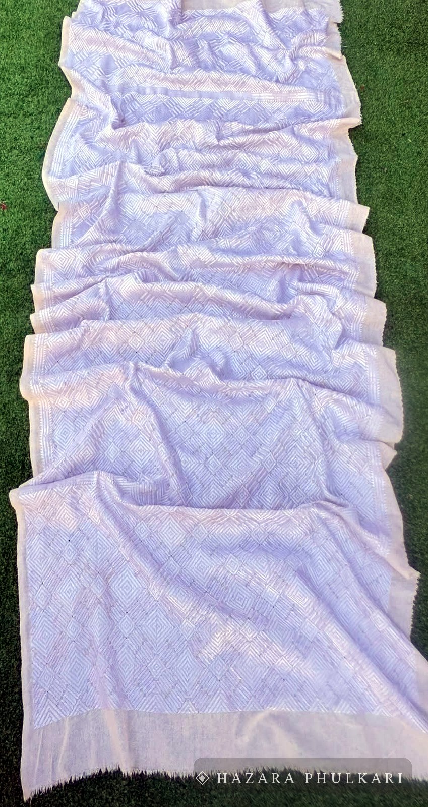 Ivory Phulkari shawl embroidered tone on tone with fine diamond lattice work